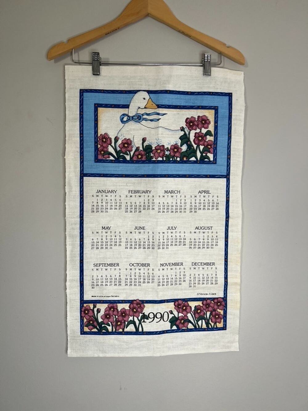 Vintage 1990 Stevens Linen Goose Calendar Tea Towel Wall Hanging